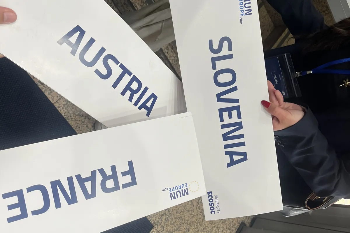 Country placards for Austria, Slovenia and France held up in committee