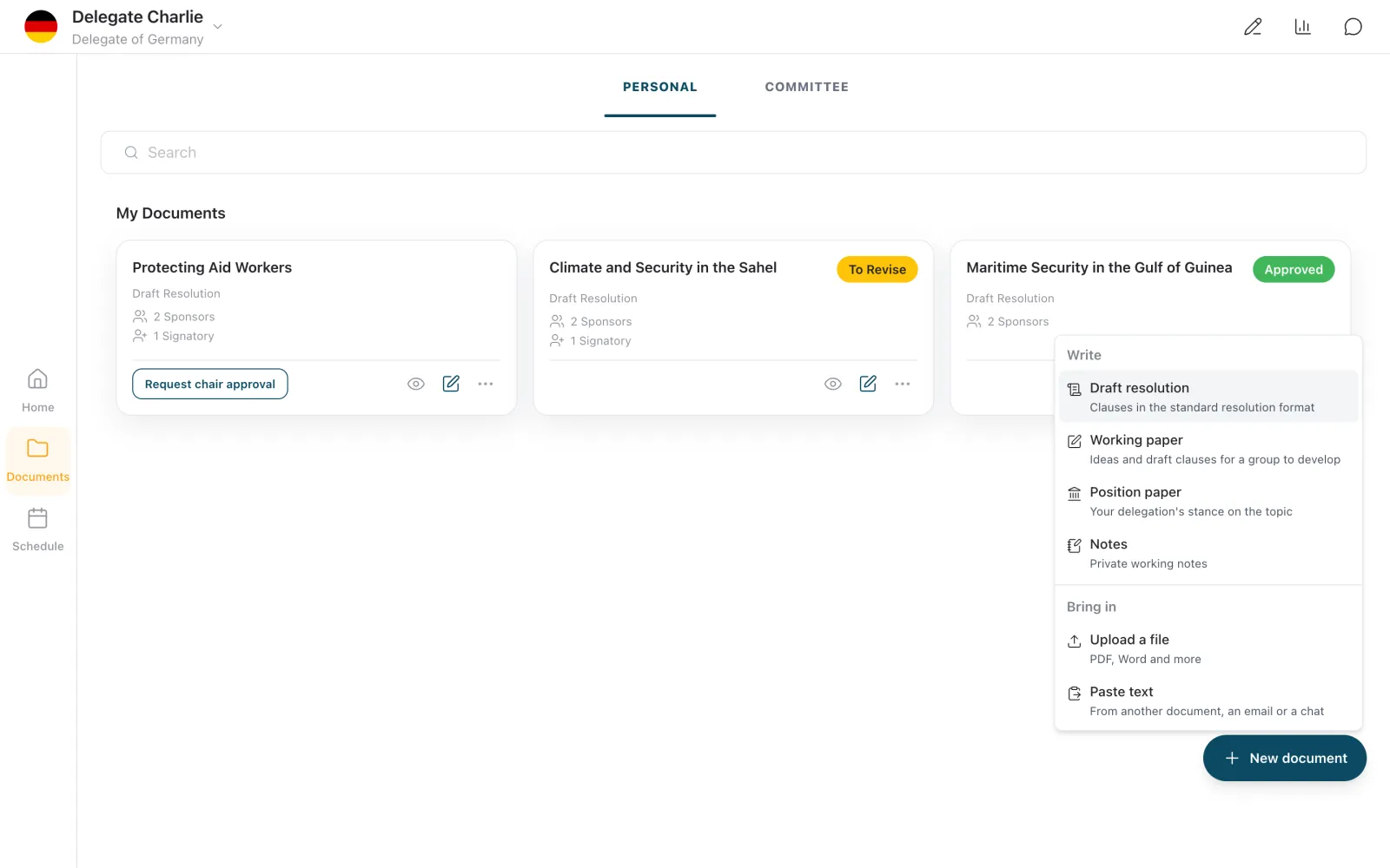 The Documents screen on the Personal tab, with the New document menu open: Draft resolution, Working paper, Position paper and Notes under Write, and Upload a file and Paste text under Bring in