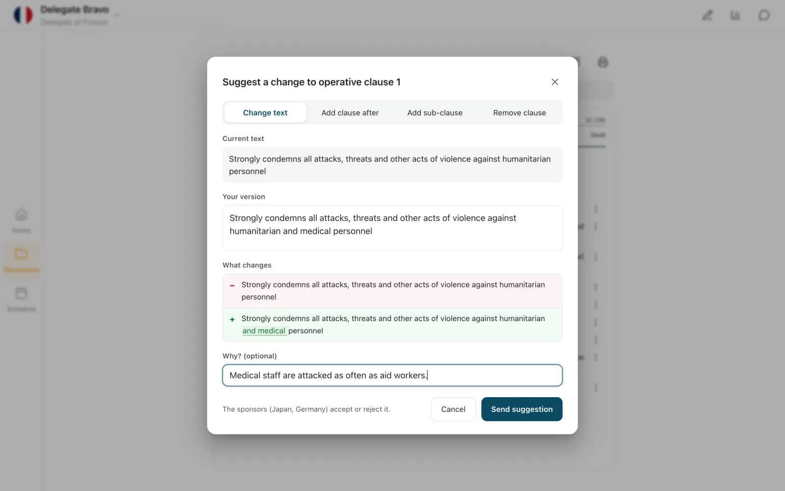 France's dialog suggesting to add the words and medical to operative clause 1, with the difference marked, a reason and a Send suggestion button