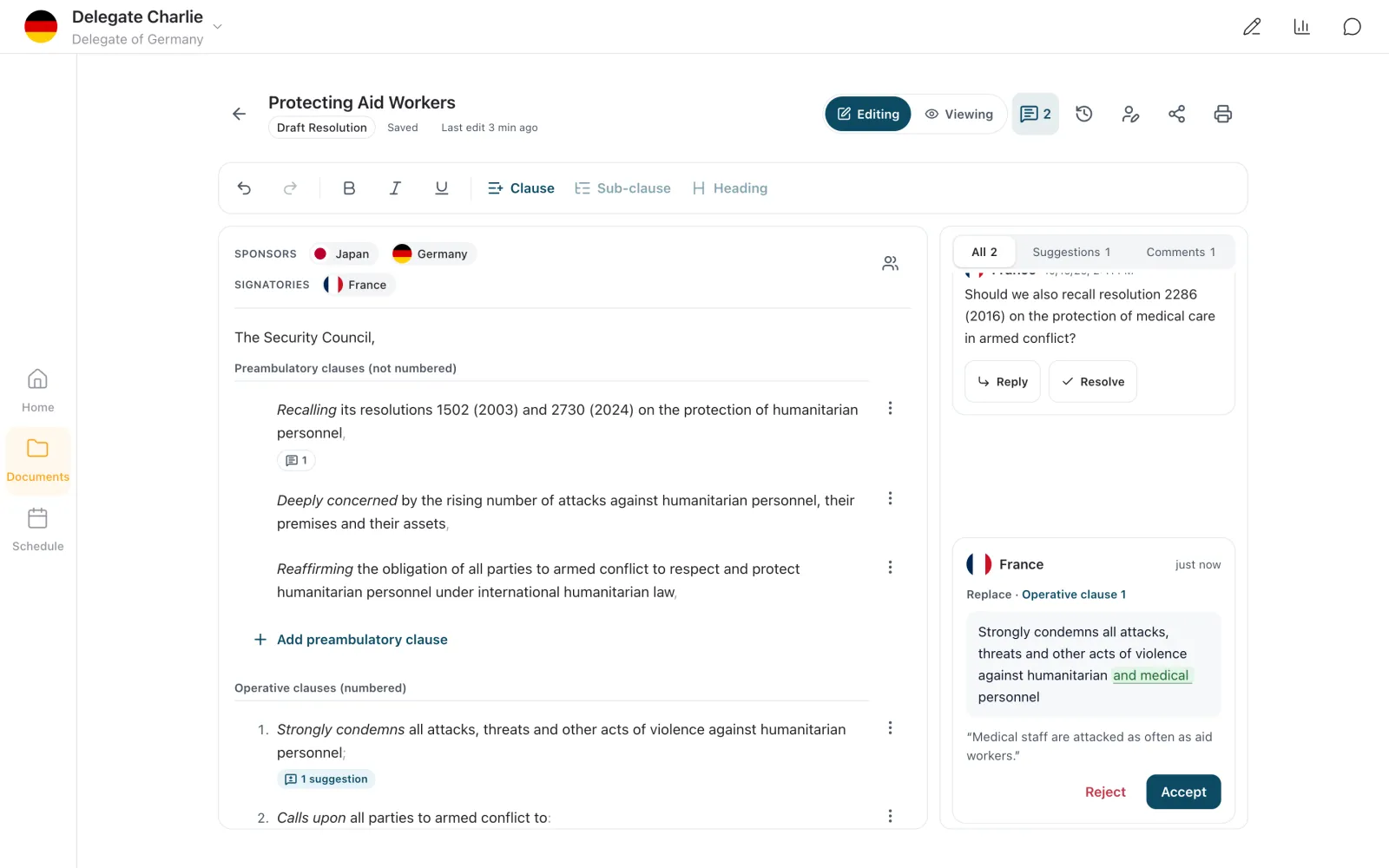 The comments and suggestions panel beside the draft, with a comment from France and France's suggestion with Reject and Accept buttons