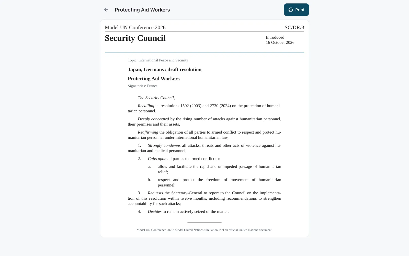The print-ready page with the masthead Model UN Conference 2026, Security Council and SC/DR/3, the sponsors line, the clauses with italic opening phrases and the disclaimer at the bottom