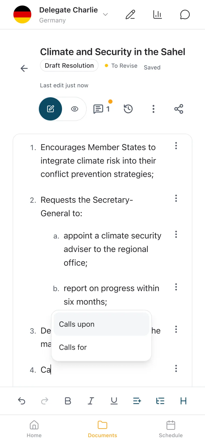 The editor on a phone, with the opening phrases Calls upon and Calls for offered above a fourth operative clause and the formatting bar at the bottom